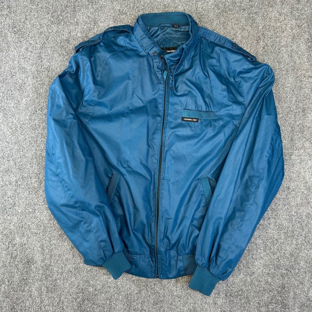 Vintage Members Only Racer Jacket Teal Blue Size 42L 80s Bomber Epaulettes Mens
